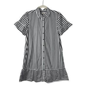 LOFT Gray/White striped shirtdress, ruffle hem, short sleeves. 100% Cotton Sz SP